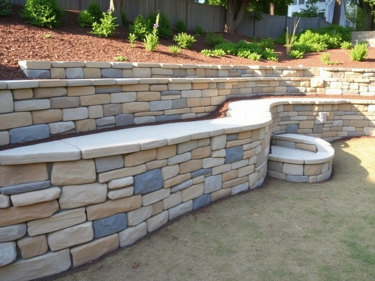 Curved stacked-stone retaining wall with built-in seating in a sloped backyard